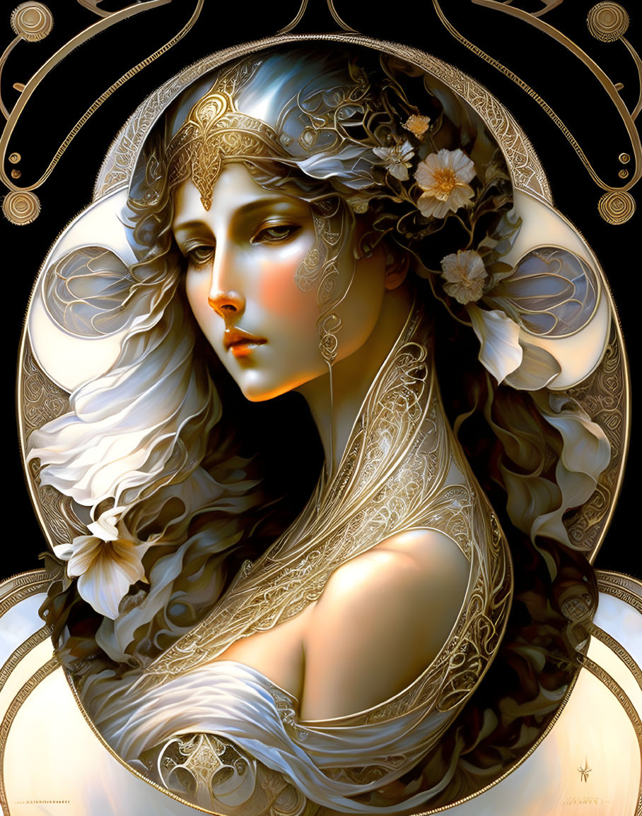 Art Nouveau style woman with ornate headdress in digital artwork