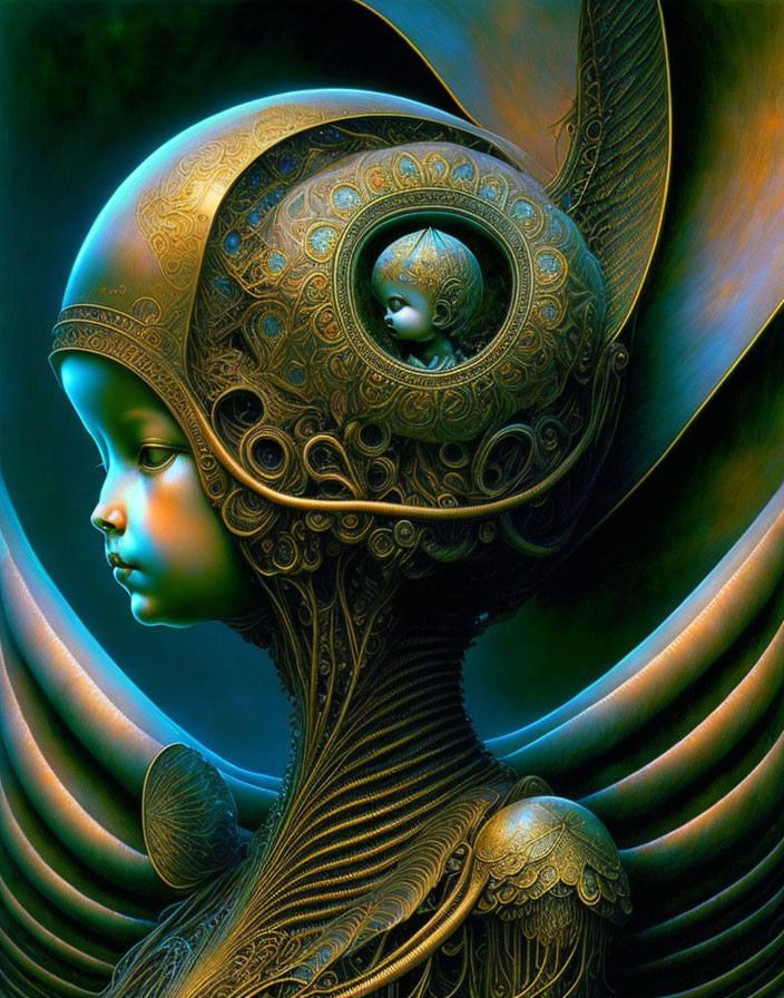 Surreal artwork featuring person with ornate helmet and smaller face on forehead