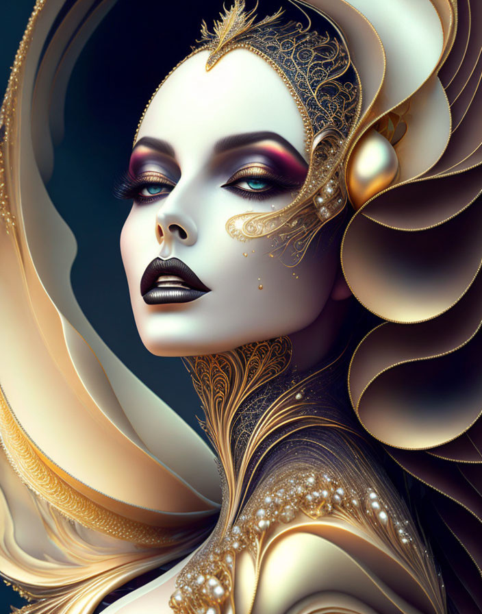 Ornate woman portrait with golden accents on dark background