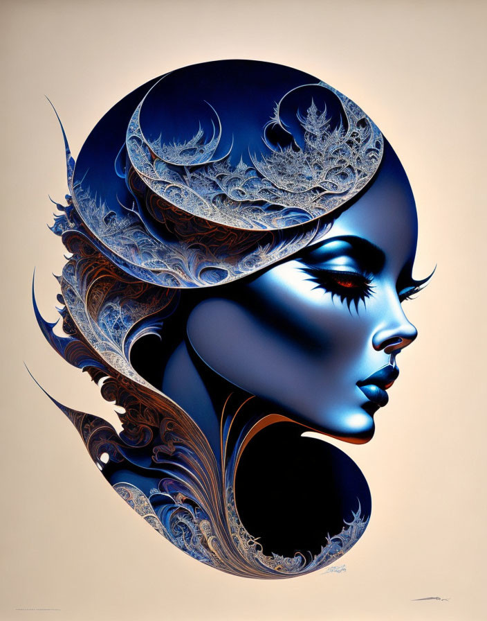 Female profile with ornate blue headgear and intricate designs on beige background