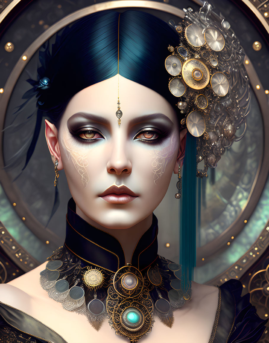 Female digital art portrait: blue hair, elf-like ears, intricate jewelry, elegant makeup in fantasy style