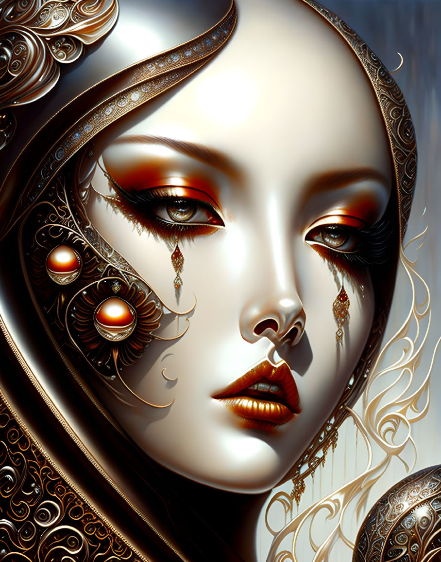 Detailed digital artwork of female figure with ornate metallic headdress and accessories.