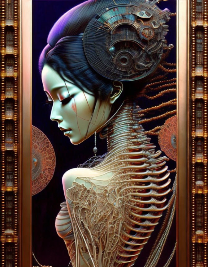 Steampunk-inspired female figure with mechanical parts in golden-framed artwork