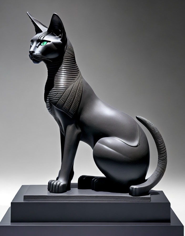 Black Mythical Cat Sculpture with Unicorn-Like Horn in Ancient Egyptian Style