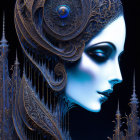 Detailed humanoid figure with futuristic and traditional Asian-inspired metallic headgear.