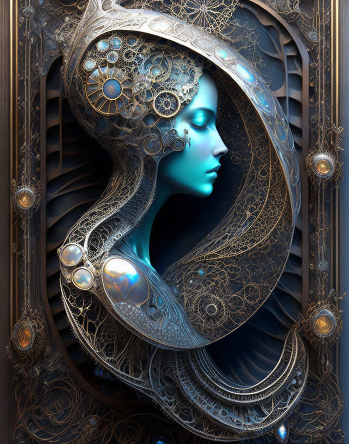 Blue-skinned woman in steampunk attire with mystical aura.