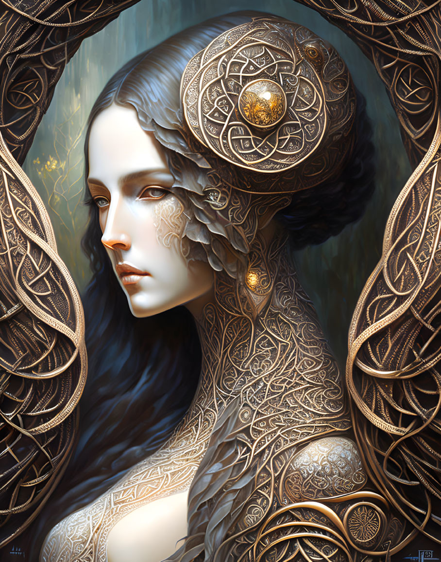 Illustrated portrait of a woman with gold filigree, mystical aesthetic