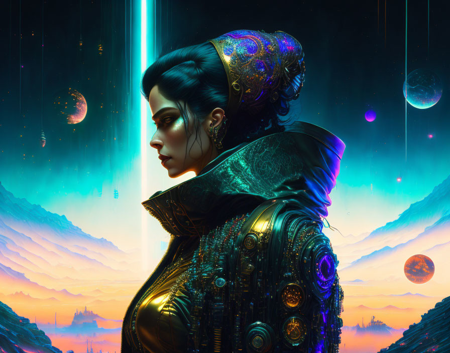 Futuristic woman with intricate headgear and armor in cosmic setting