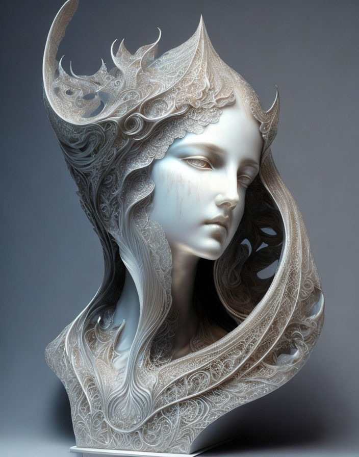 Porcelain sculpture of woman with ornate headdress and intricate patterns