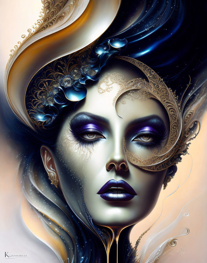 Cosmic-inspired woman with ornate makeup in digital painting