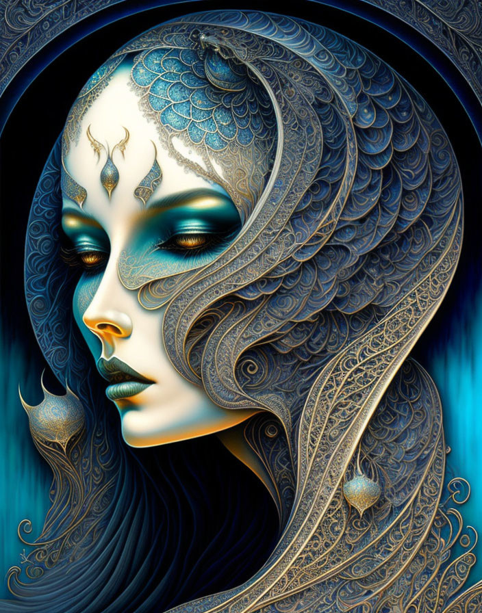 Intricate blue and gold ornate woman illustration with mystical aura