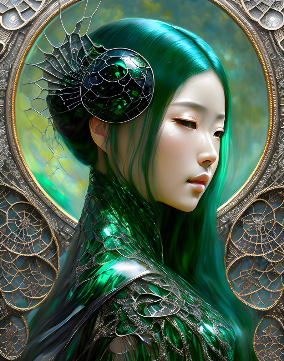 Detailed digital artwork of woman with green hair, ornate headpiece, metallic shoulder armor, on golden