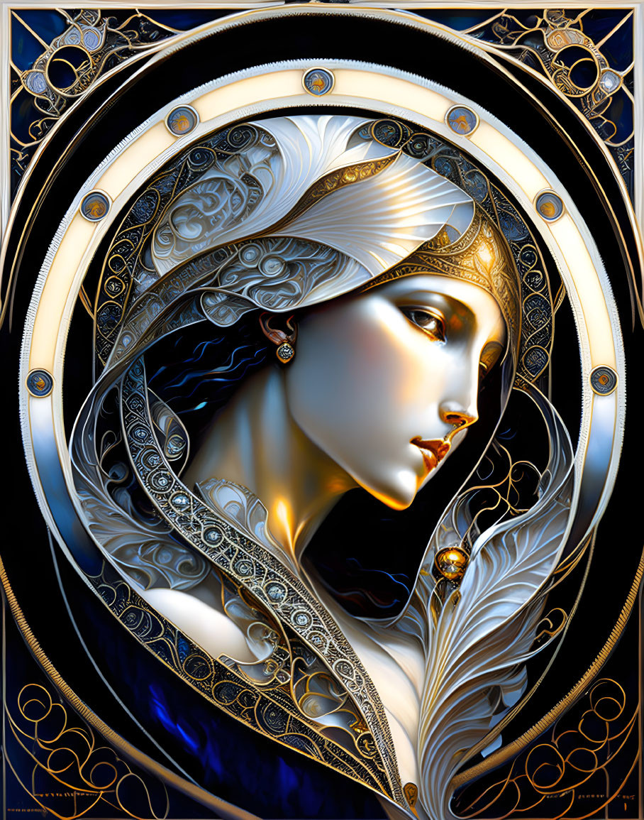 Woman in Art Nouveau Style with Golden Patterns on Dark Blue Background