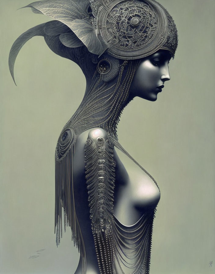 Profile view of female figure with ornate mechanical headgear and shoulder piece in monochromatic palette