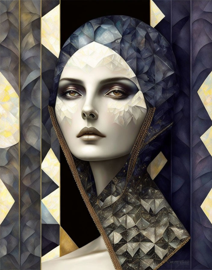 Stylized woman portrait with geometric headpiece and makeup on gold and black triangular backdrop