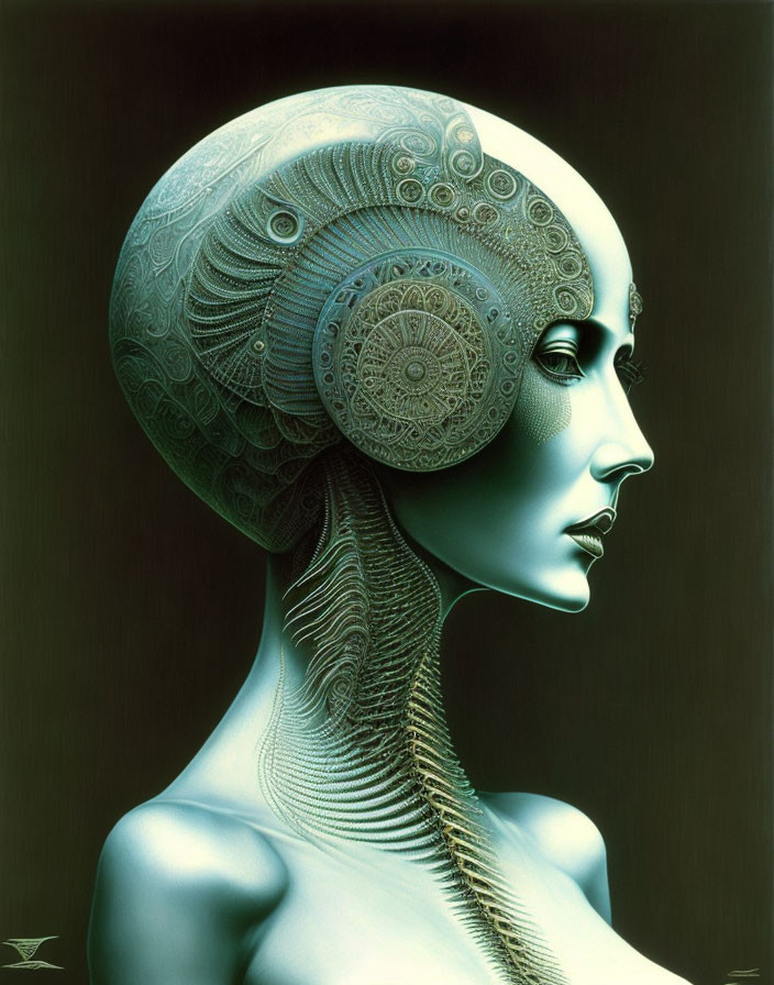 Humanoid Figure with Intricate Mechanical Patterns on Head Against Dark Background