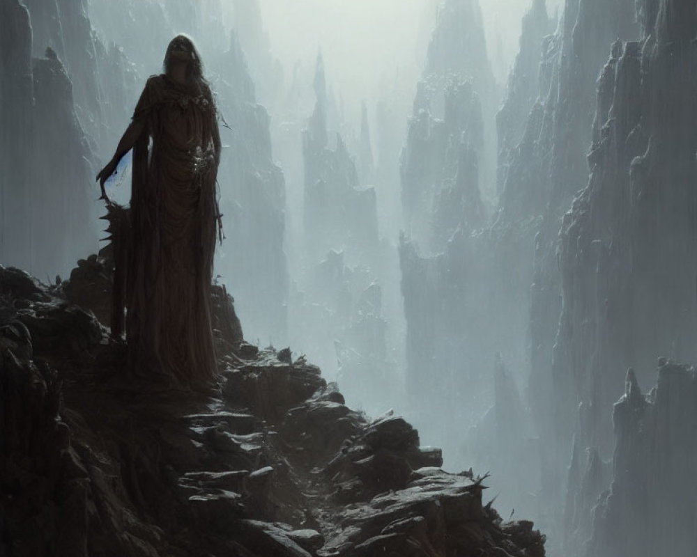 Cloaked figure on rocky outcrop gazes at misty mountain landscape