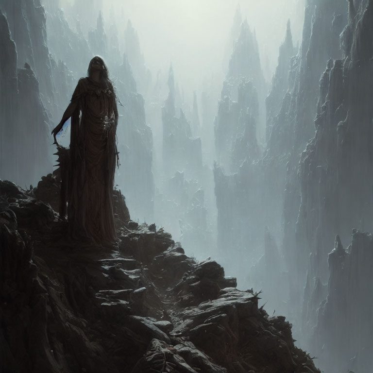 Cloaked figure on rocky outcrop gazes at misty mountain landscape