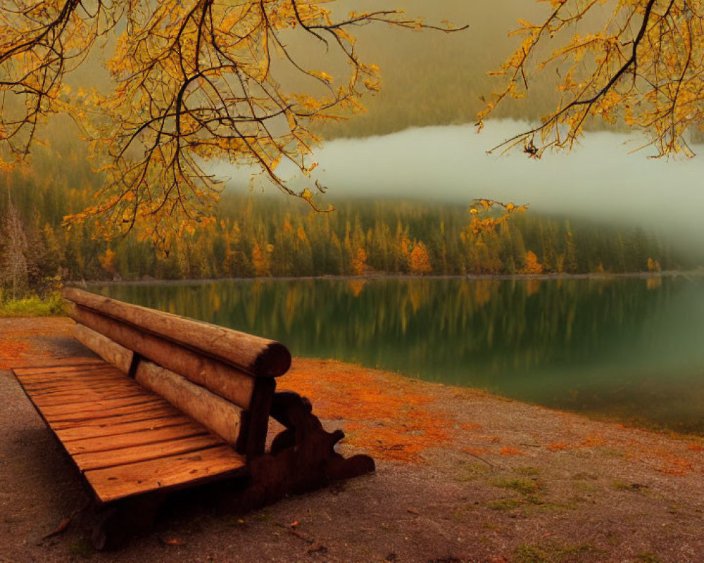 Tranquil autumn landscape with wooden bench by misty lake