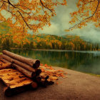 Tranquil autumn landscape with wooden bench by misty lake