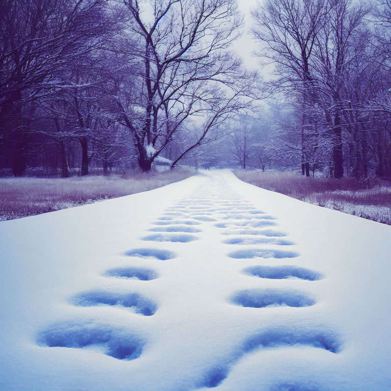 Snowy Winter Landscape with Vehicle Tracks and Trees