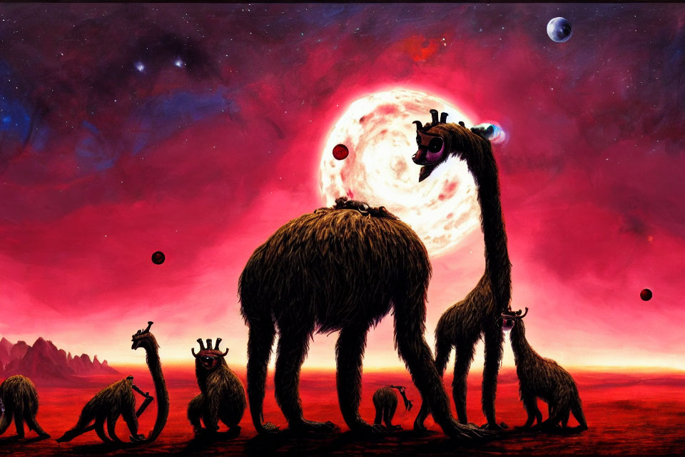 Colorful Cartoon llamas in Cosmic Background