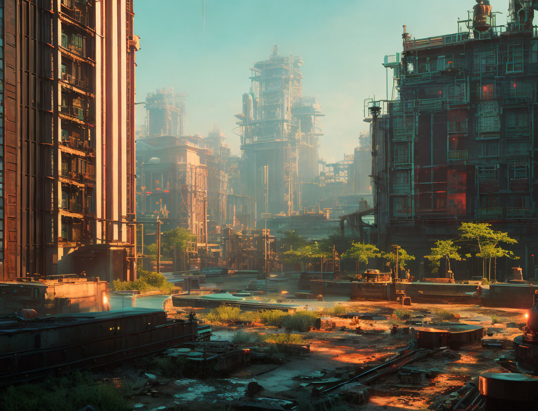 Dystopian cityscape at dawn with towering buildings