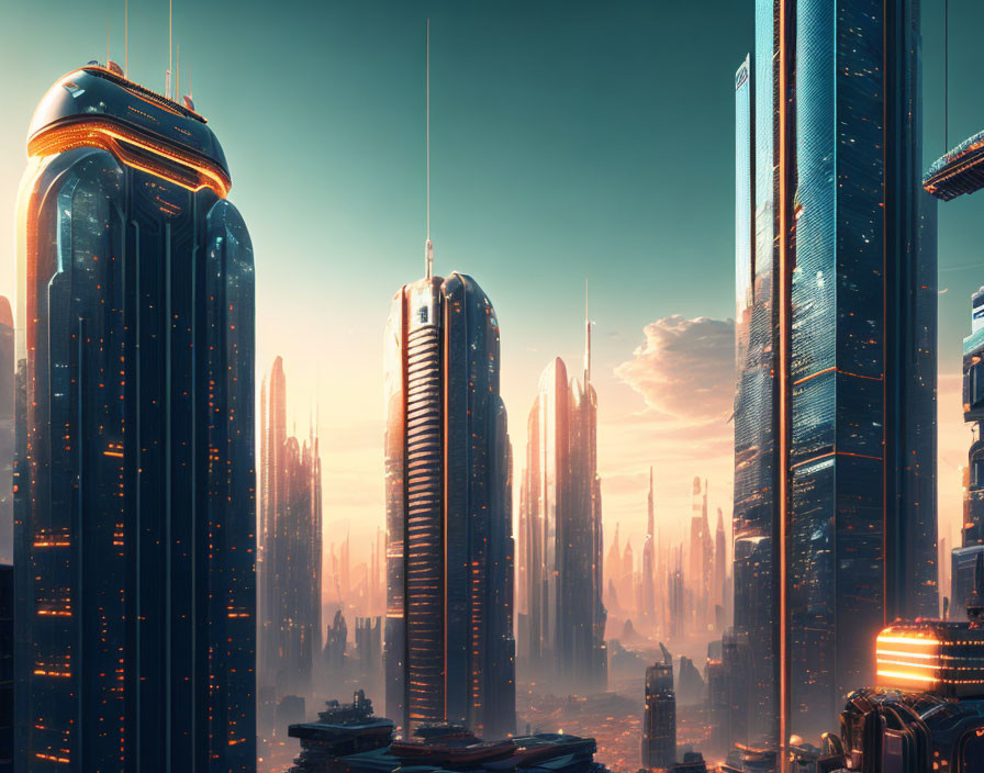 Futuristic cityscape: towering skyscrapers, glowing lights, warm sunset