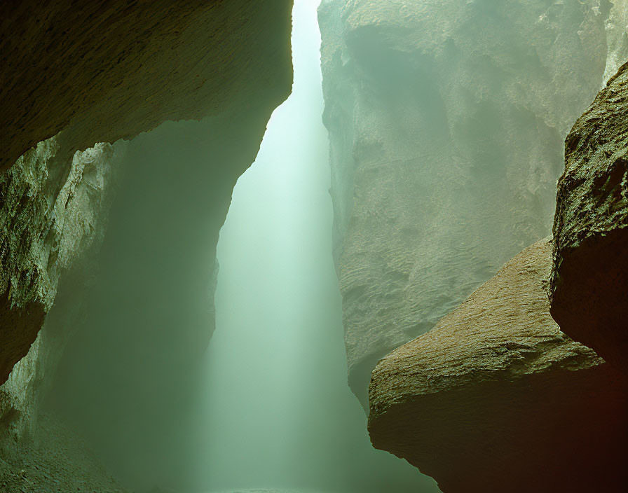 Sunlight filters through narrow opening, creating misty atmosphere