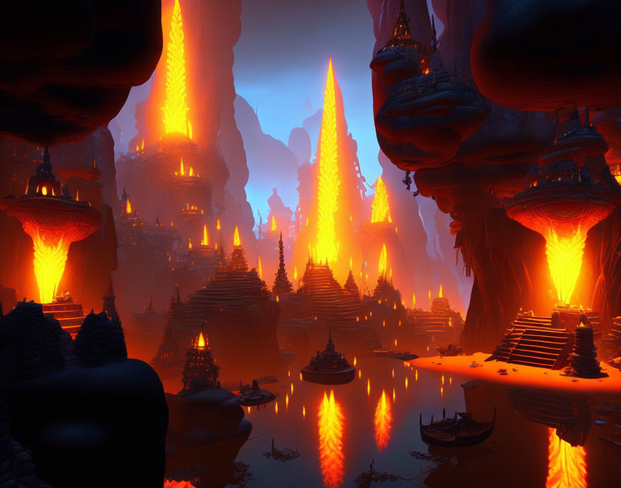 Ethereal cave with glowing lava spires and ancient architecture