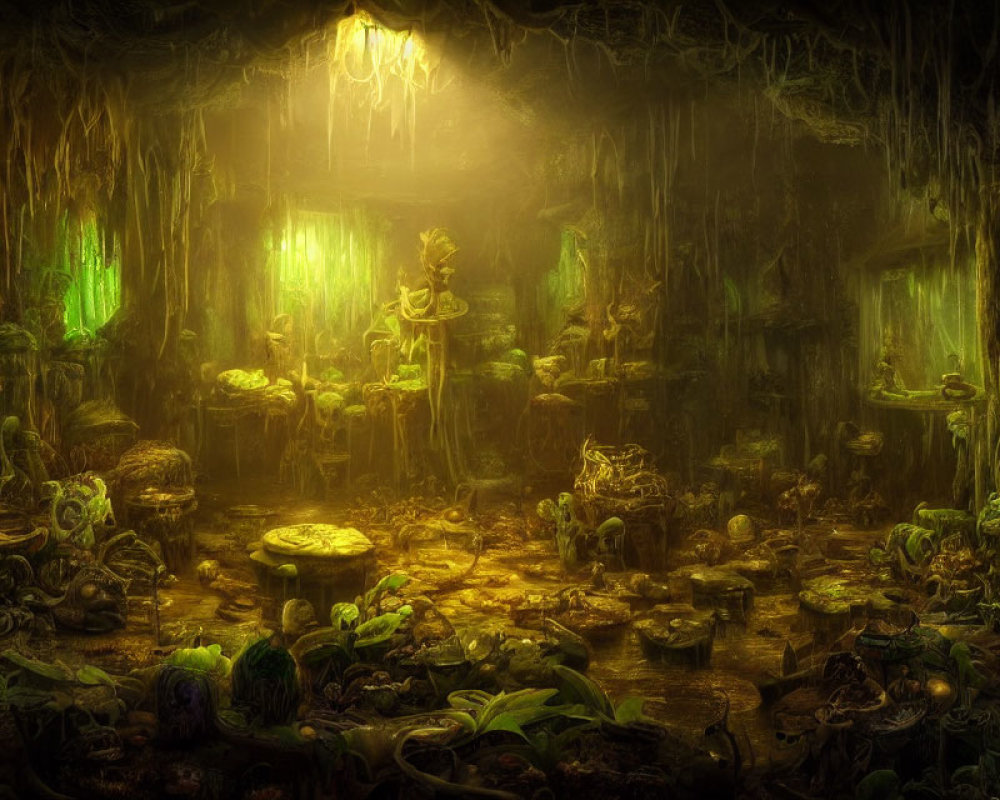 Dimly Lit Forest Interior with Glowing Mushrooms and Ethereal Green Light