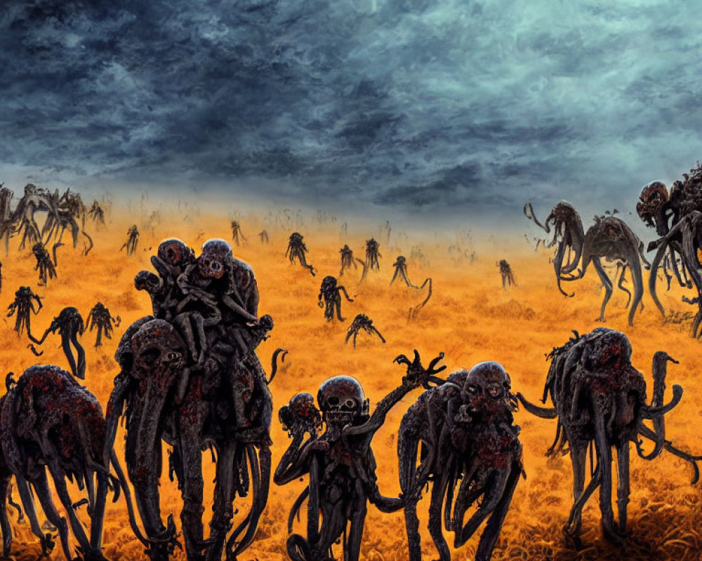 Dark post-apocalyptic landscape with humanoid figures and skull-like faces