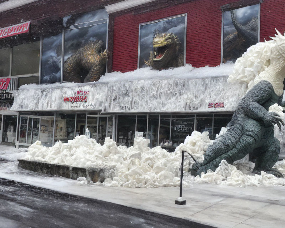 Snowy Godzilla Statue Outside Shop Window Displaying Name