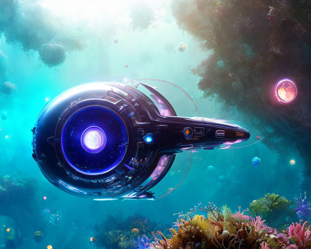 Glowing futuristic submarine explores vibrant underwater realm