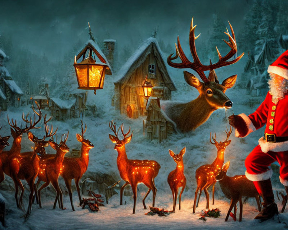 Winter scene: Santa Claus and reindeer in snowy village with glowing lanterns and cozy cottages