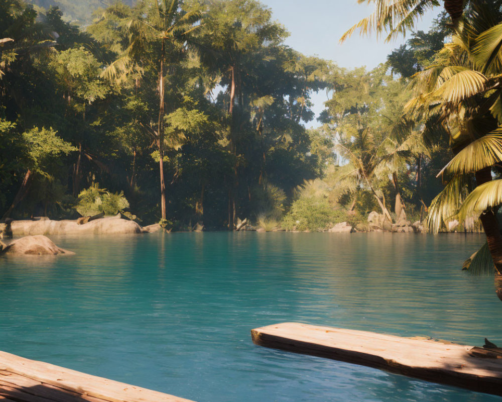 Tranquil Tropical River Scene with Palm Trees and Wooden Dock