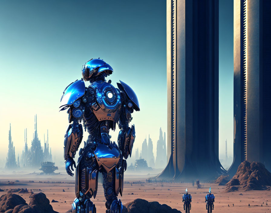 Blue robot in desert with monumental structures & smaller robots under hazy sky