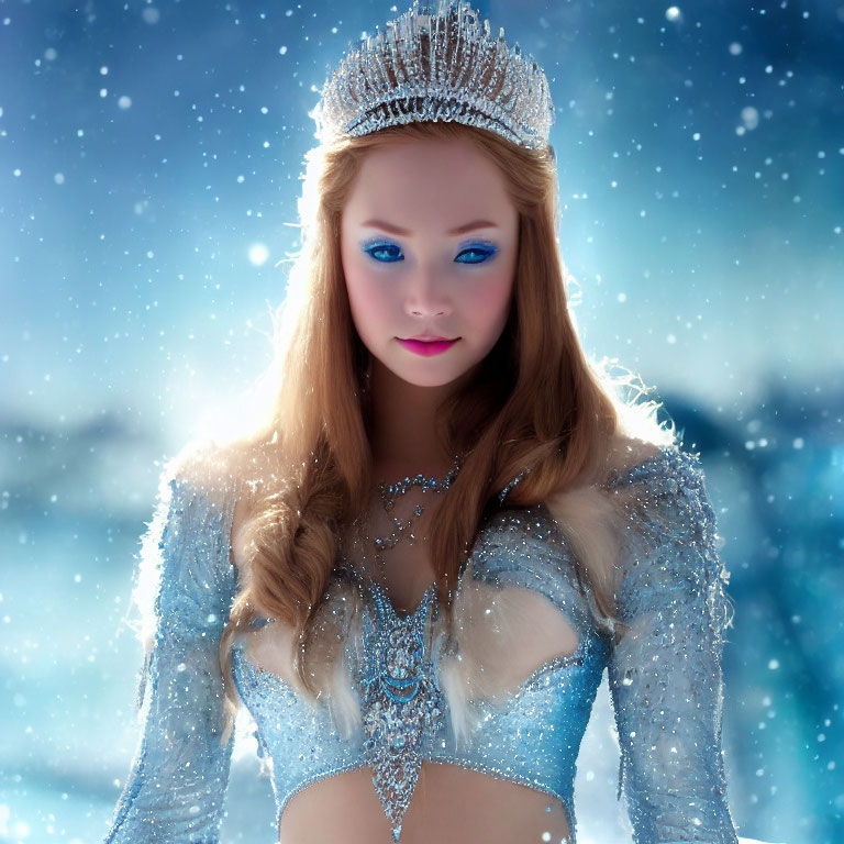 Blonde Woman in Blue Dress with Tiara in Snowy Background