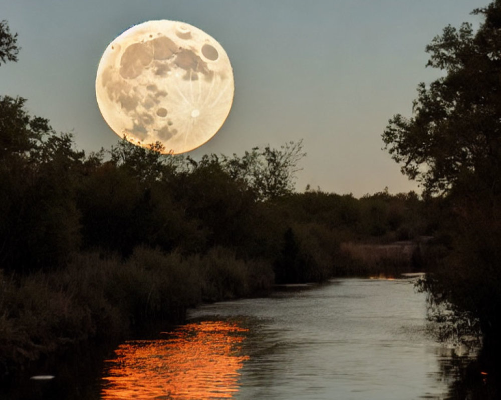 Detailed Full Moon Over Tranquil River and Silhouetted Trees at Twilight