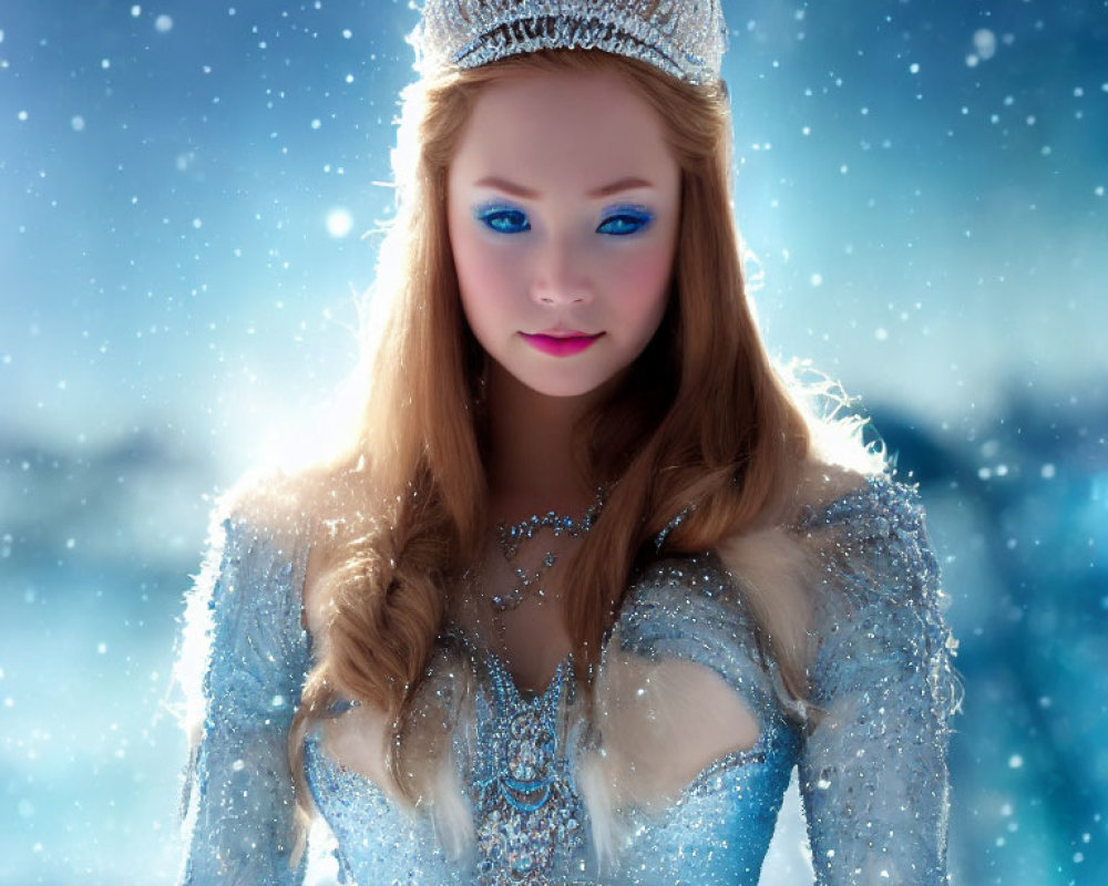 Blonde Woman in Blue Dress with Tiara in Snowy Background