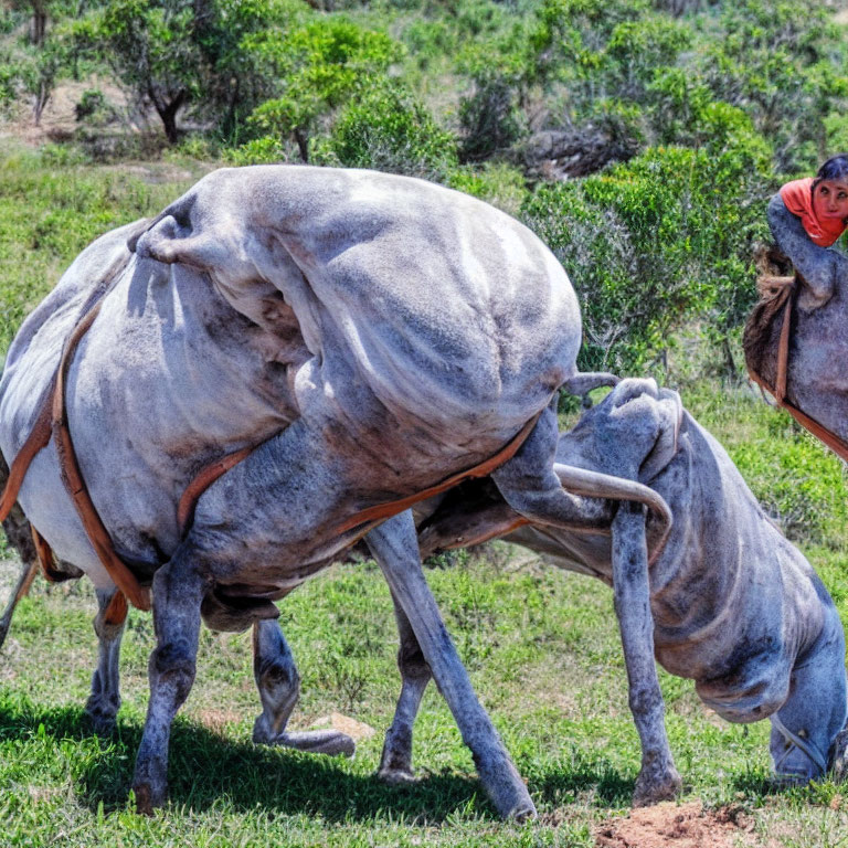 Playful interaction between two horses in a grassy field