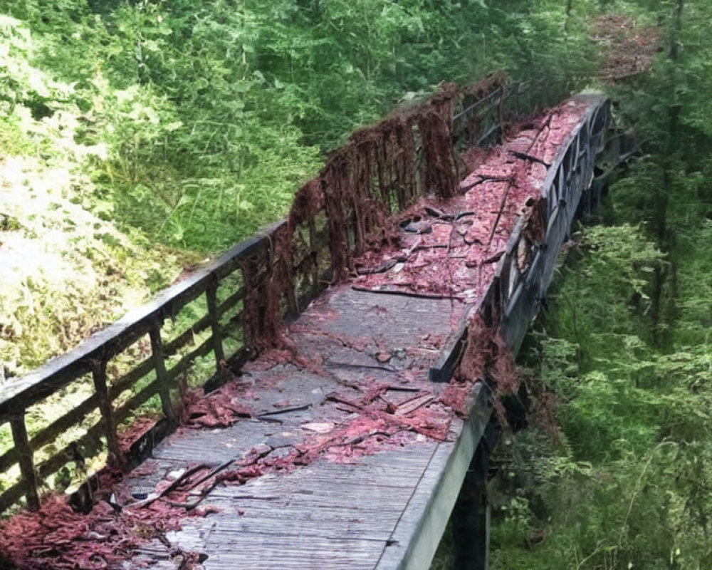 Rusted pedestrian bridge covered in vines in wooded area