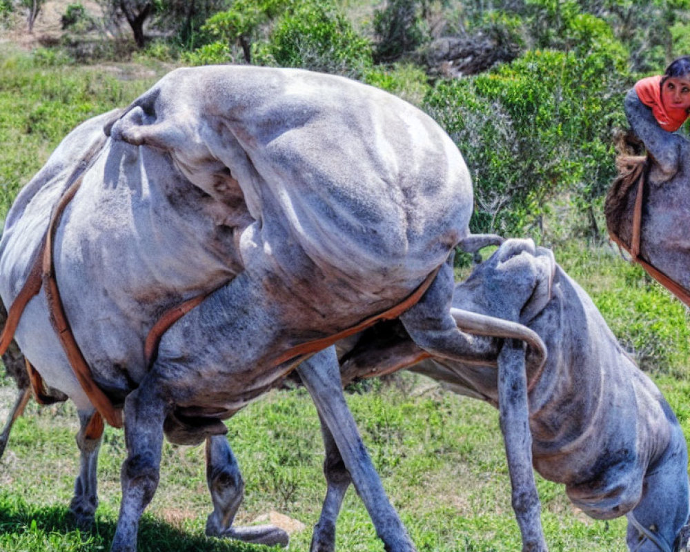 Playful interaction between two horses in a grassy field