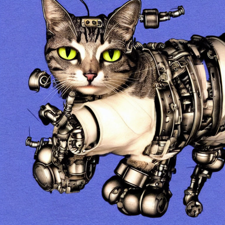 Robotic cat with green eyes on blue background