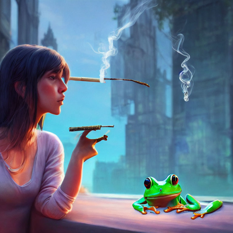 Woman with smoking incense stick near green frog and mystical cityscape