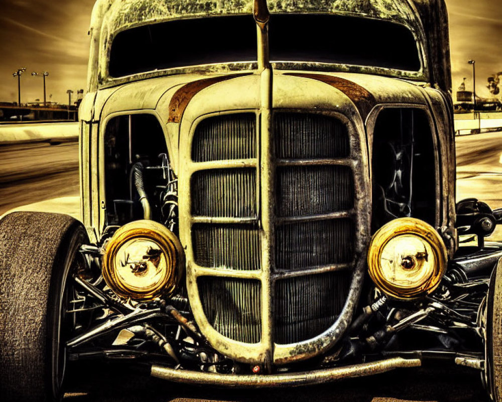 Classic Hot Rod with Golden Headlights and Rusty Patina