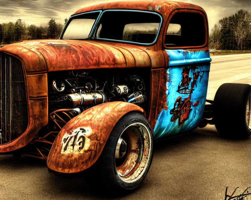 Rusted vintage car with dragon graphic and V12 marking