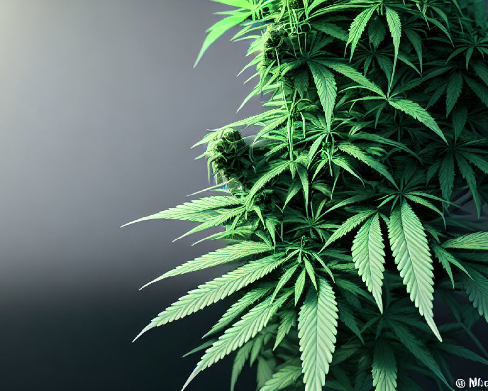 Vivid green cannabis plant with water droplets on gray background.