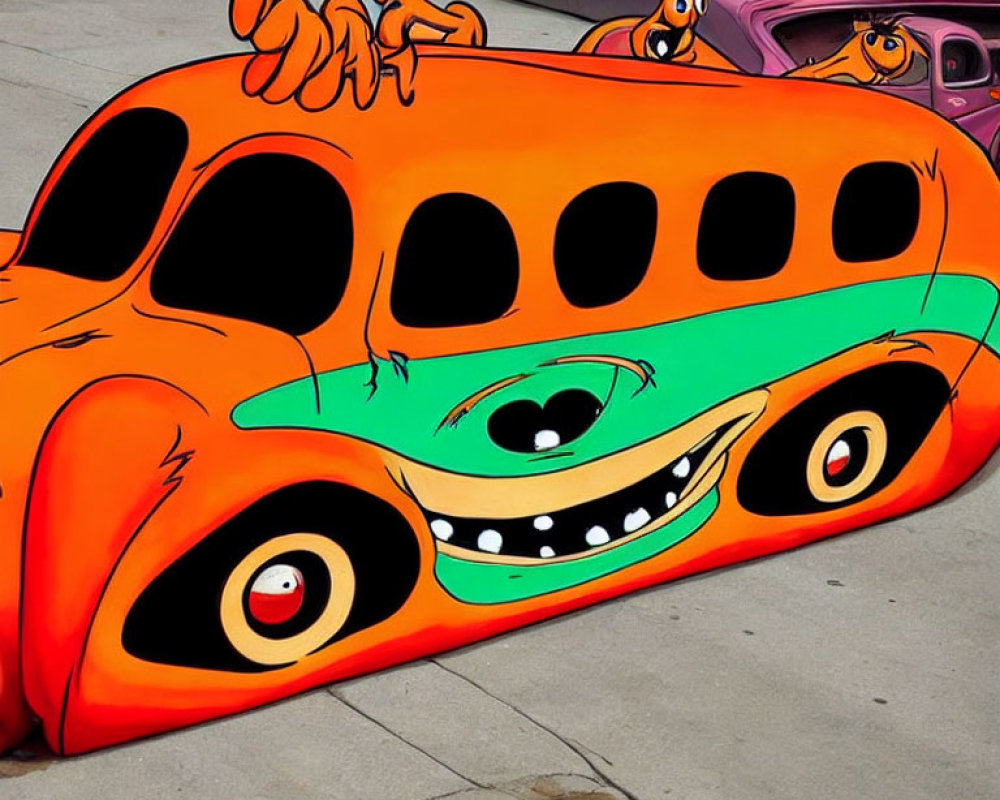 Colorful Cartoonish Car with Multiple Eyes and Whimsical Creatures on Concrete