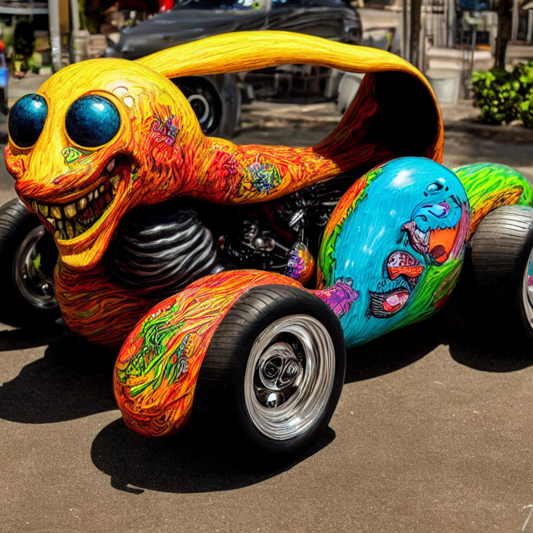 Custom-painted vehicle with whimsical monster design on urban street